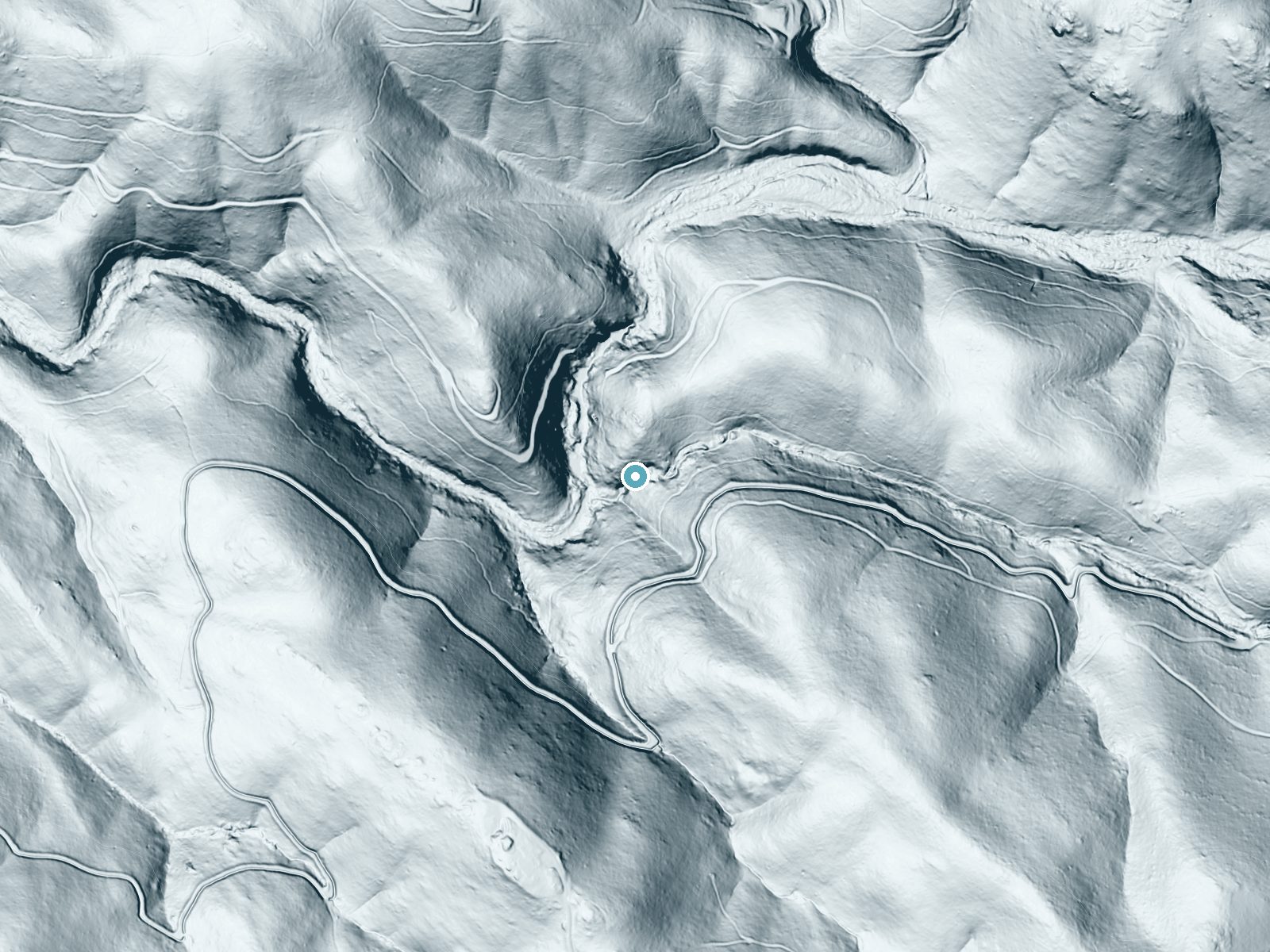 LiDAR bare-earth terrain around Hidden Falls near North Auburn, California, showing about 131 feet of drop, a steep tiered drop, facing southwest