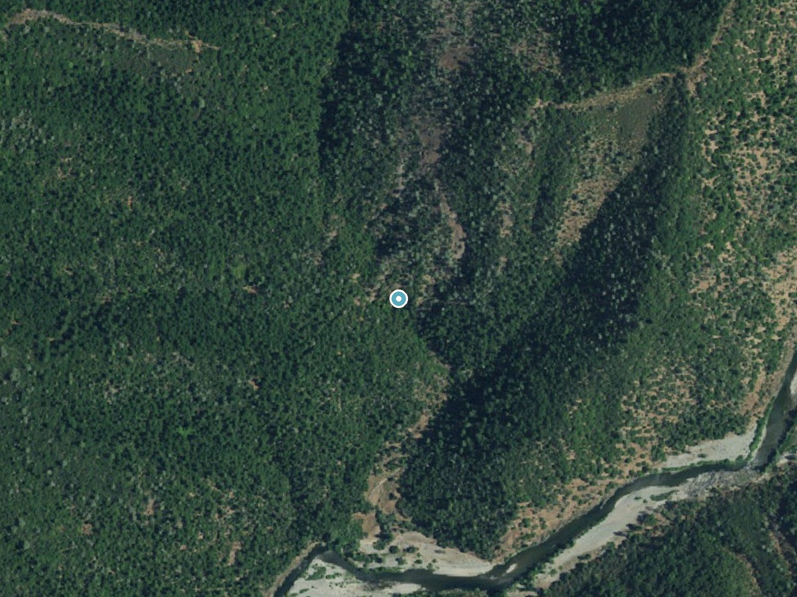 Aerial photo of the same ground around Codfish Falls near Meadow Vista, California, for comparison with the lidar view