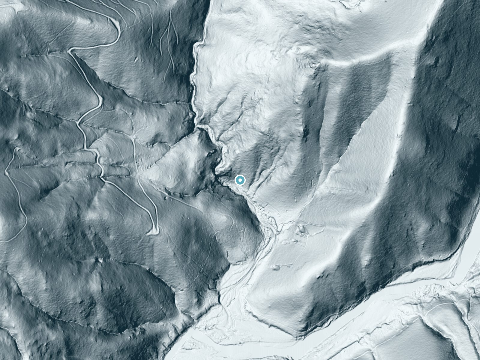 LiDAR bare-earth terrain around Codfish Falls near Meadow Vista, California, showing about 210 feet of drop, a steep tiered drop, facing south