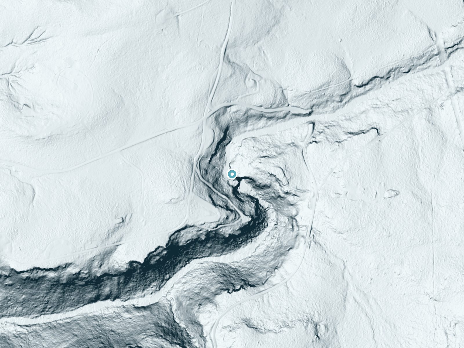 LiDAR bare-earth terrain around Blackwater Falls near Davis, West Virginia, showing about 120 feet of drop, a steep tiered drop, facing southeast