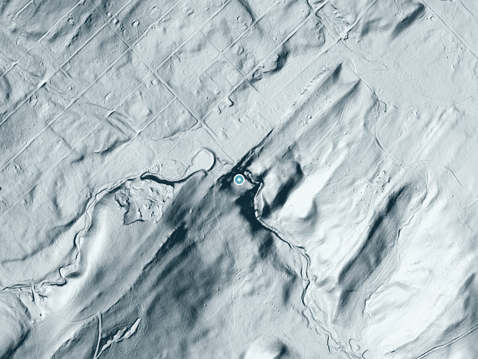 LiDAR bare-earth terrain around Mountain Falls near Shawneeland, Virginia, showing about 170 feet of drop, a steep tiered drop, facing southeast