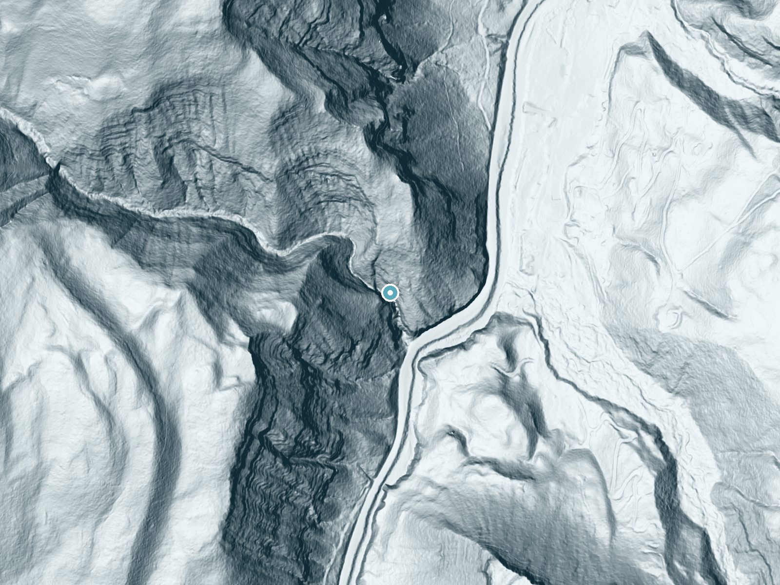 LiDAR bare-earth terrain around Hayes Creek Falls near Redstone, Colorado, showing about 294 feet of drop, a steep tiered drop, facing south