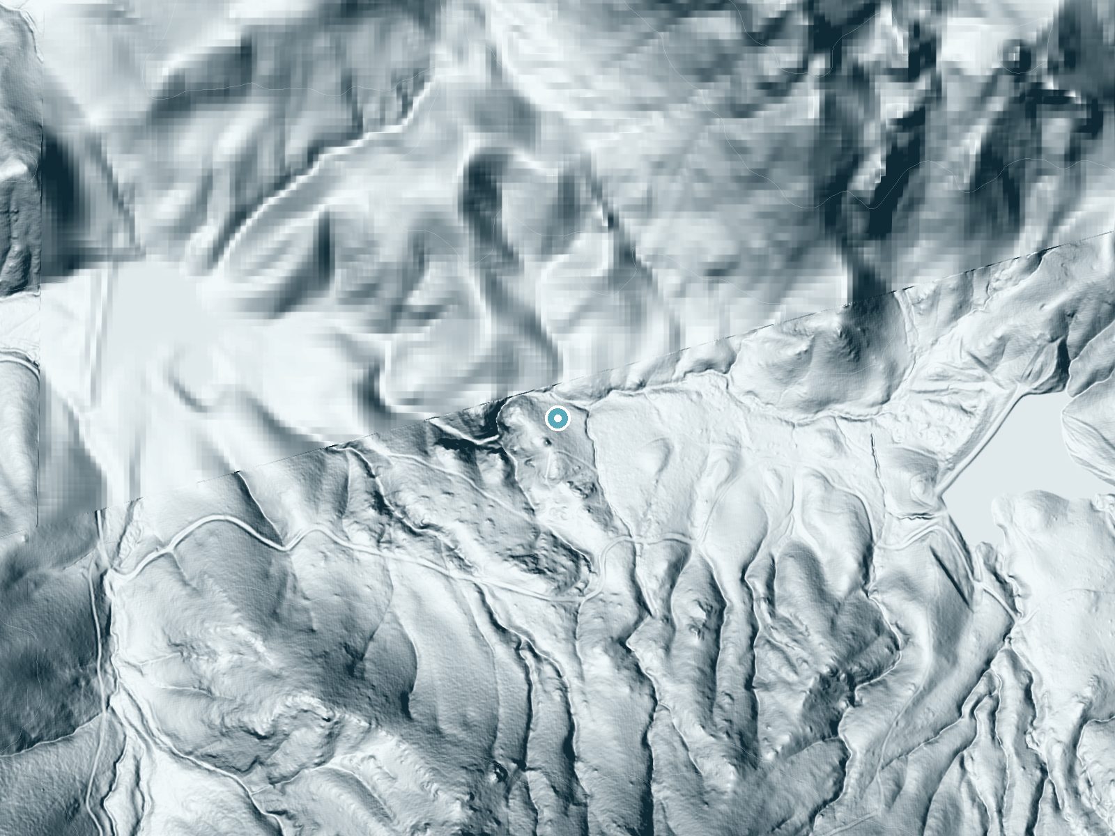 LiDAR bare-earth terrain around The Falls near Sutter, California, showing about 113 feet of drop, a long cascade, facing north