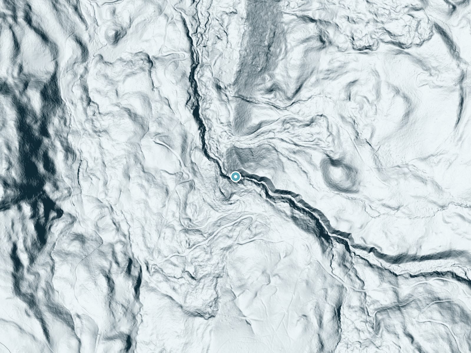 LiDAR bare-earth terrain around Milky Falls near Manti, Utah, showing about 212 feet of drop, a steep tiered drop, facing northwest