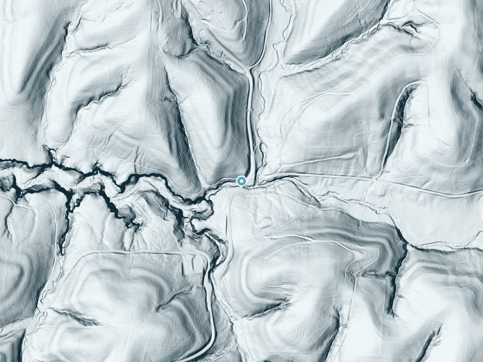 LiDAR bare-earth terrain around Cedar Falls near Rockbridge, Ohio, showing about 89 feet of drop, a long cascade, facing southeast