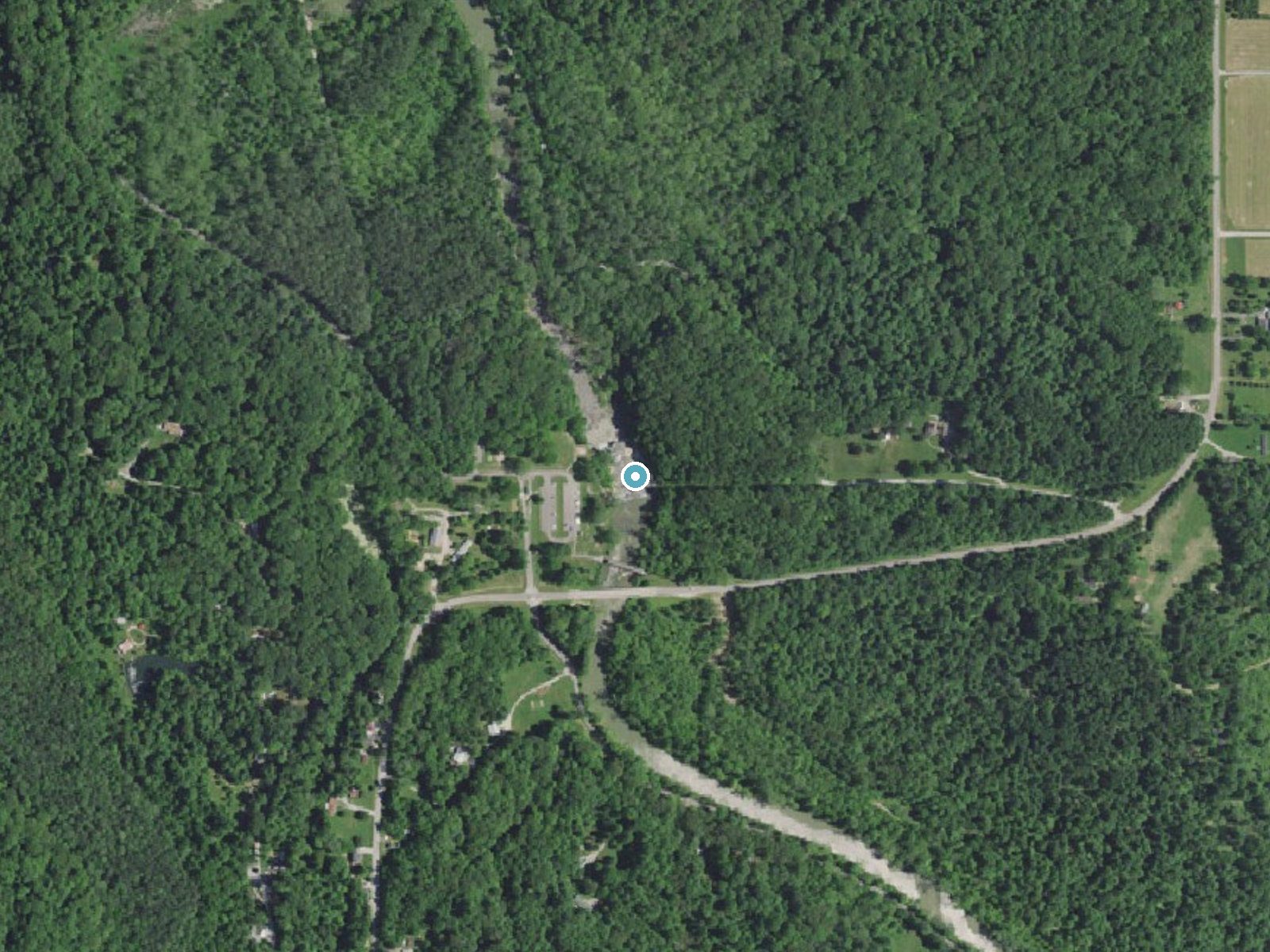 Aerial photo of the same ground around Upper Cataract Falls near Cloverdale, Indiana, for comparison with the lidar view
