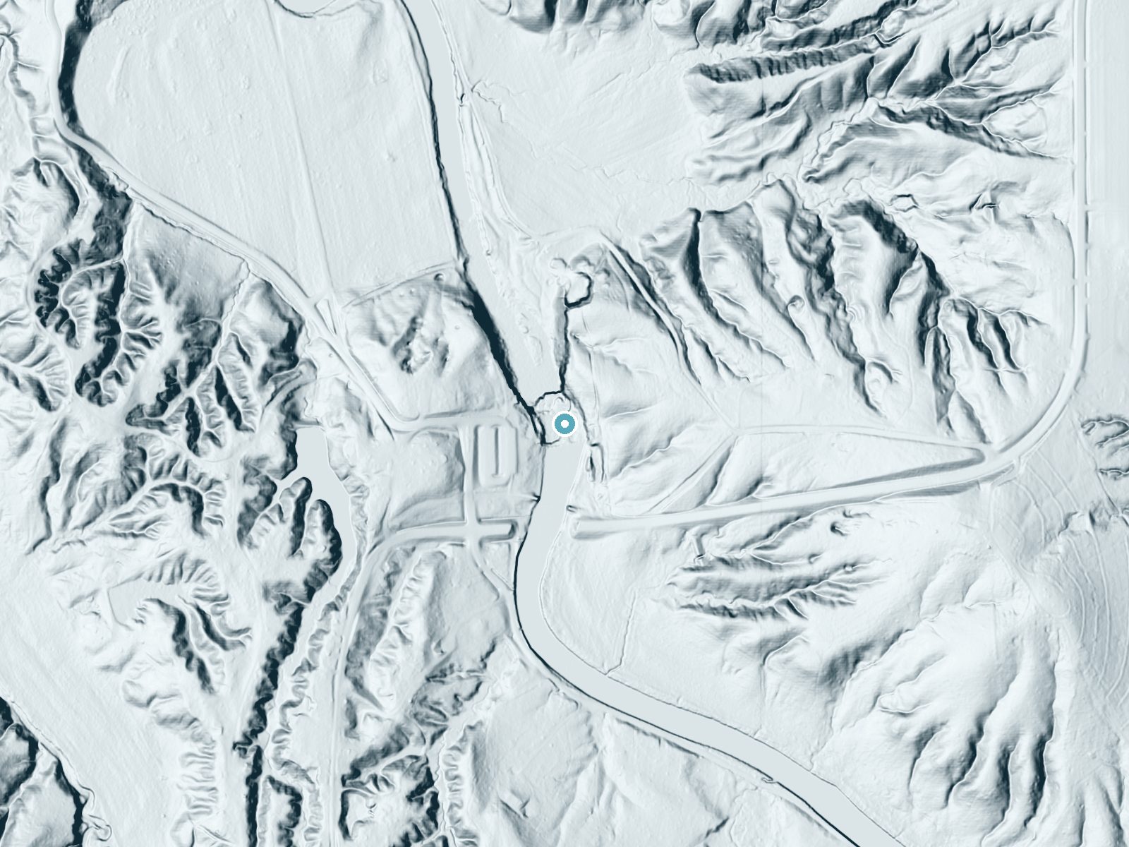 LiDAR bare-earth terrain around Upper Cataract Falls near Cloverdale, Indiana, showing about 85 feet of drop, a long cascade, facing west