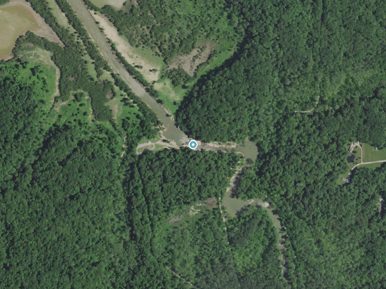 Aerial photo of the same ground around Lower Cataract Falls near Cloverdale, Indiana, for comparison with the lidar view