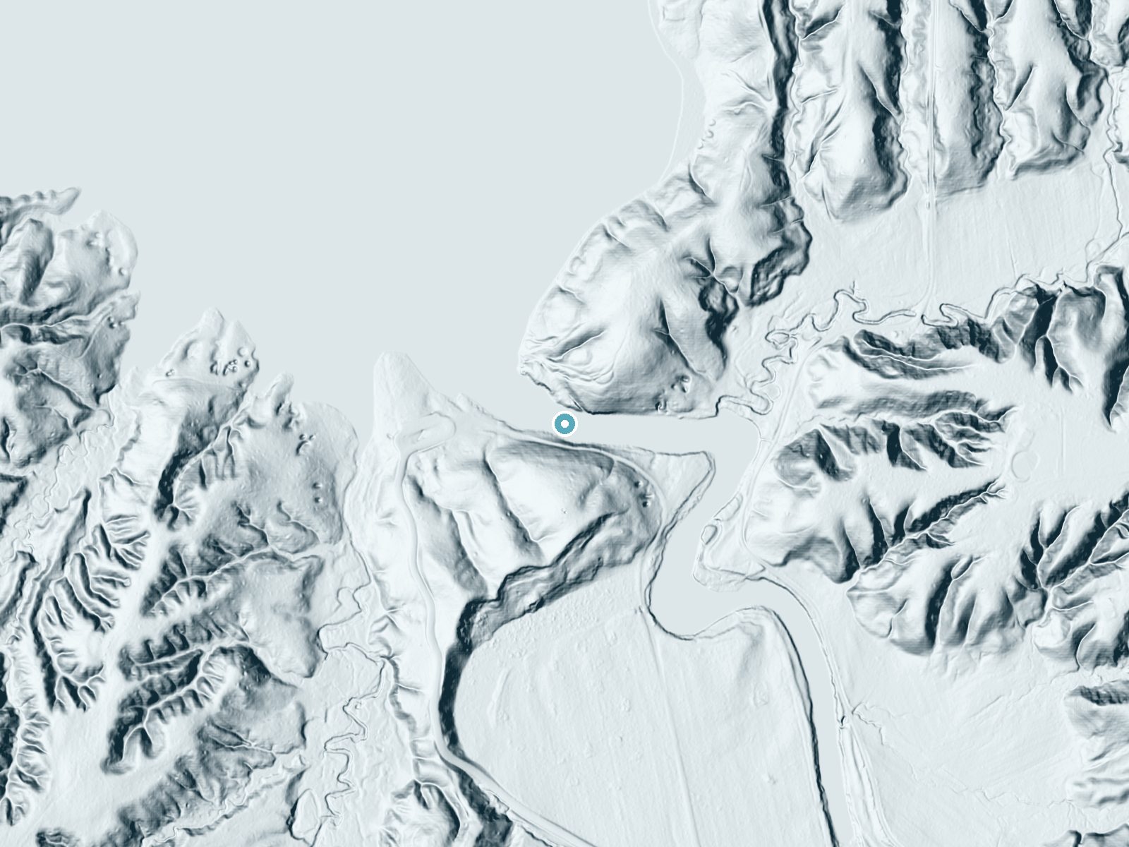LiDAR bare-earth terrain around Lower Cataract Falls near Cloverdale, Indiana, showing about 67 feet of drop, a long cascade, facing northwest