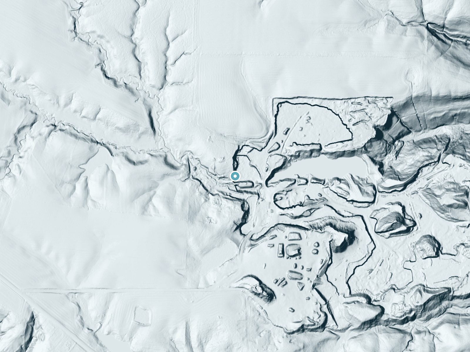 LiDAR bare-earth terrain around Derbyshire Falls near Lake View, Indiana, showing about 65 feet of drop, a steep tiered drop, facing southeast