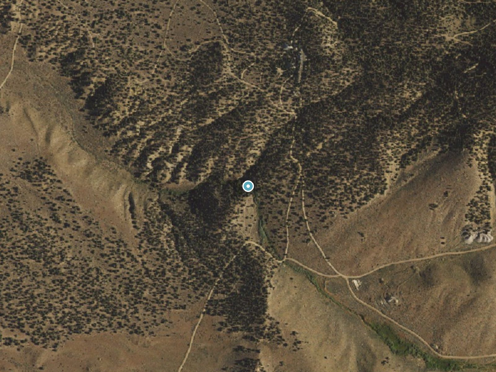 Aerial view of the ground around Marshall Falls near Austin, Nevada