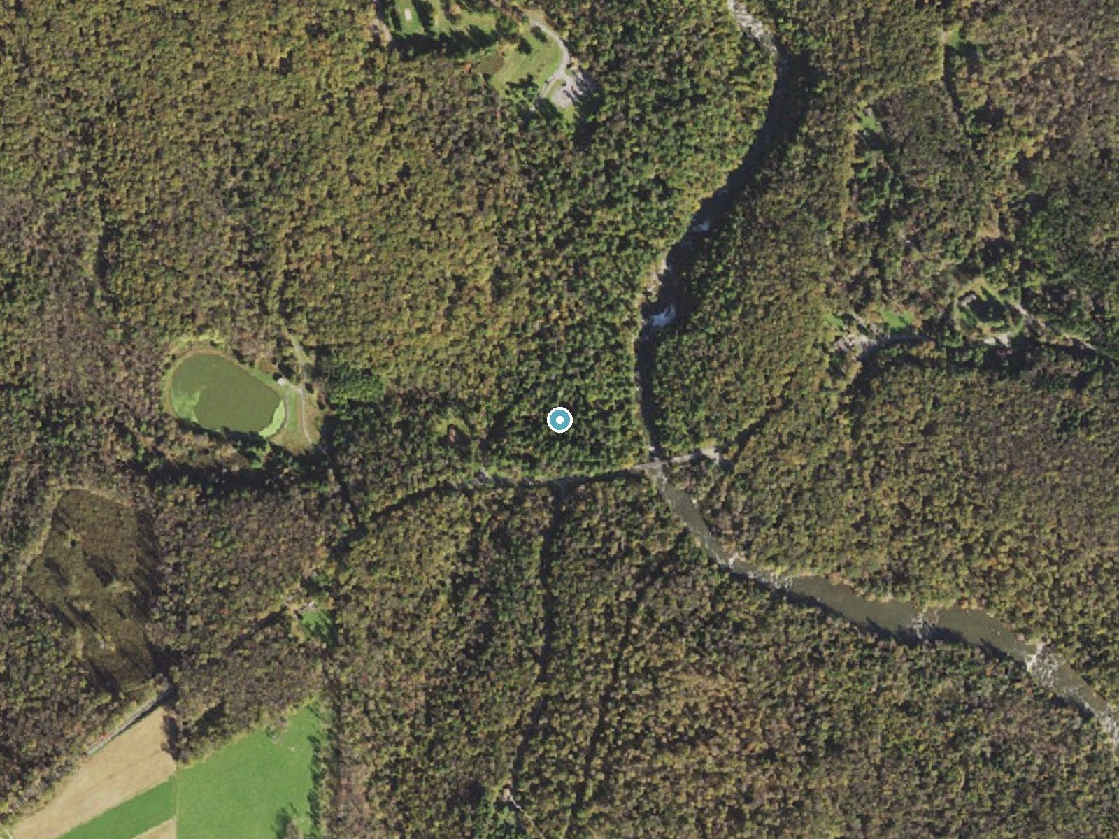 Aerial photo of the same ground around Tolliver Falls near Oakland, Maryland, for comparison with the lidar view