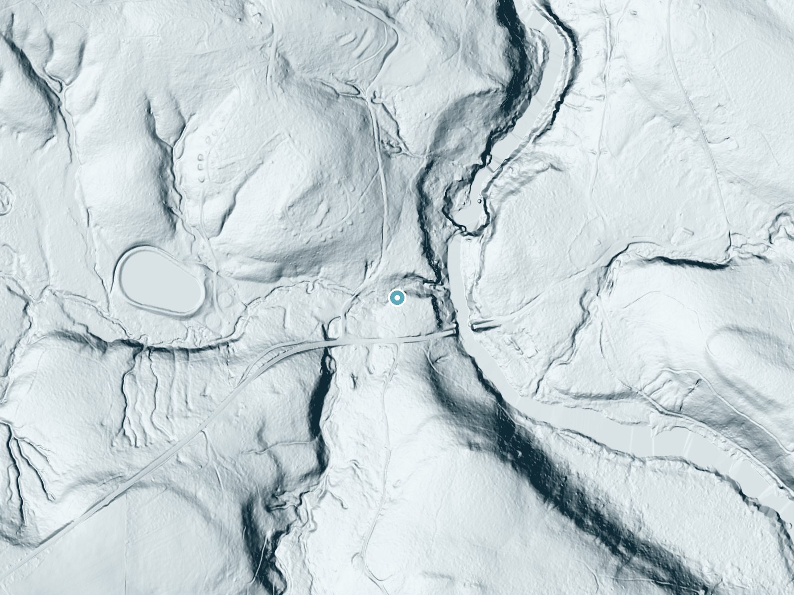 LiDAR bare-earth terrain around Tolliver Falls near Oakland, Maryland, showing about 36 feet of drop