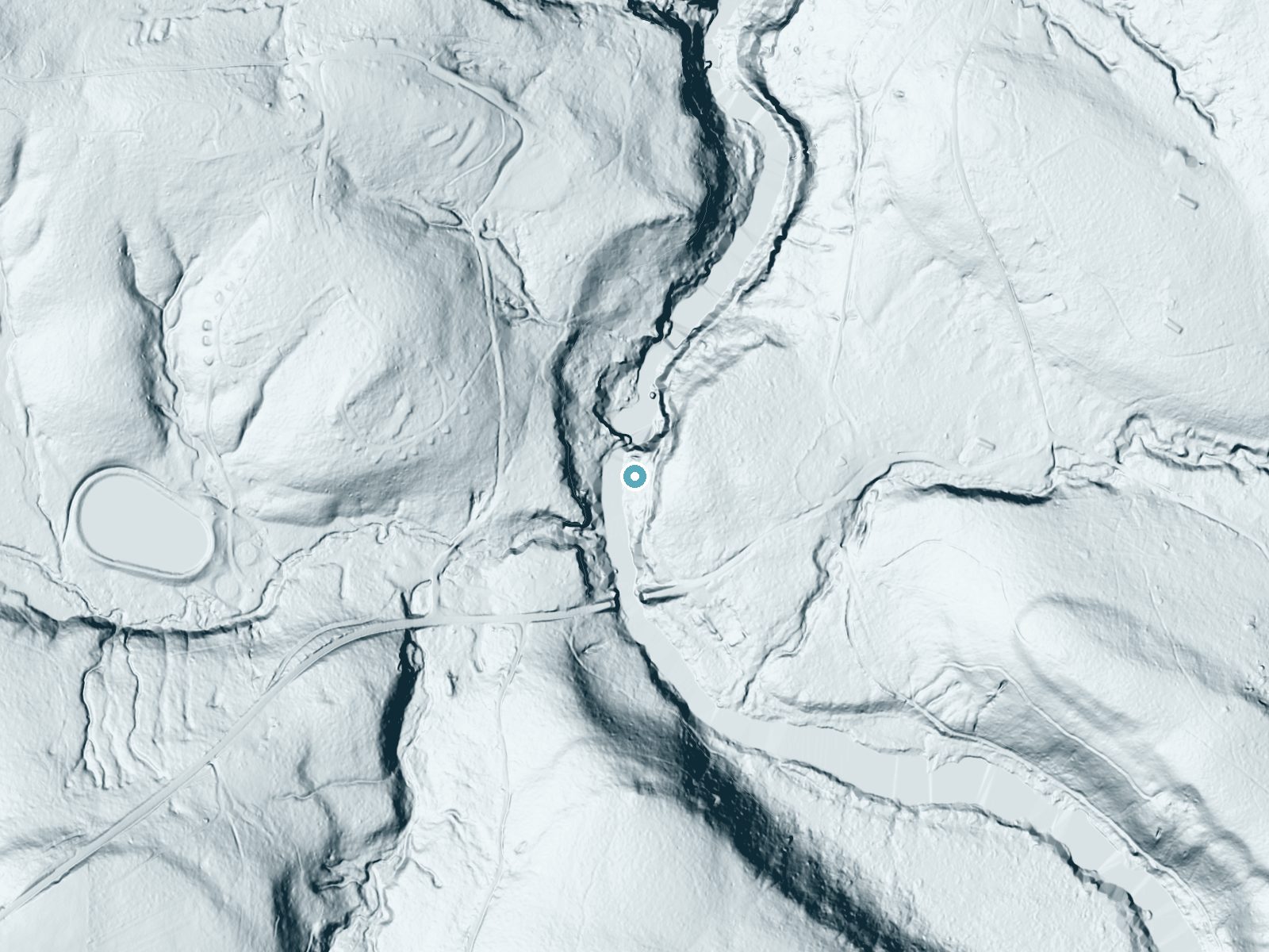LiDAR bare-earth terrain around Upper Swallow Falls near Oakland, Maryland, showing about 88 feet of drop, a long cascade, facing northwest