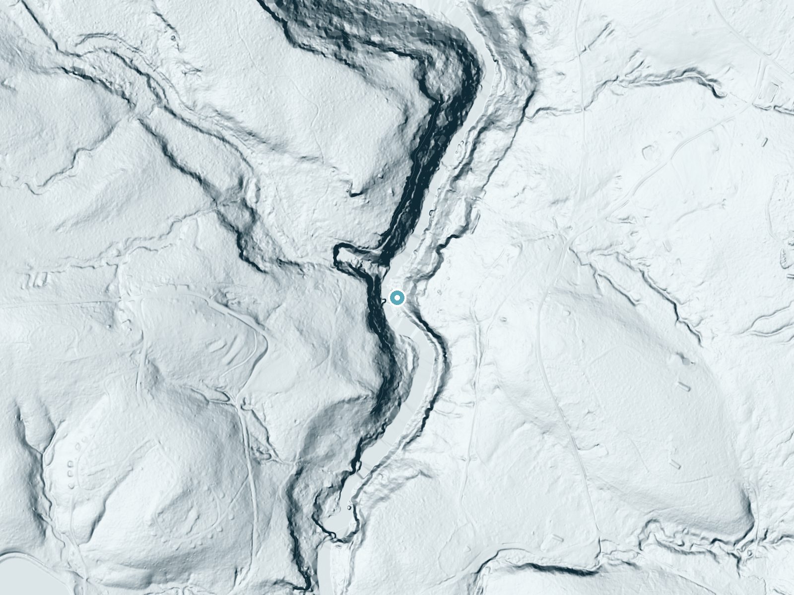 LiDAR bare-earth terrain around Lower Swallow Falls near Oakland, Maryland, showing about 105 feet of drop, a steep tiered drop, facing northwest