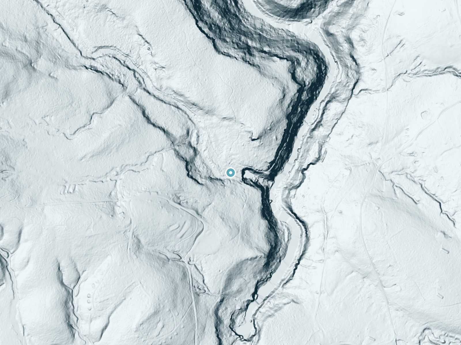 LiDAR bare-earth terrain around Muddy Creek Falls near Oakland, Maryland, showing about 87 feet of drop, a steep tiered drop, facing east