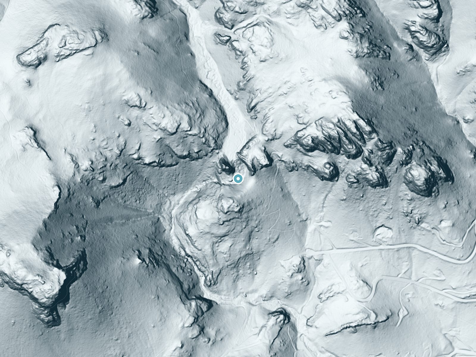 LiDAR bare-earth terrain around Elk Falls near Brook Forest, Colorado, showing about 338 feet of drop, a single sheer drop, facing southwest