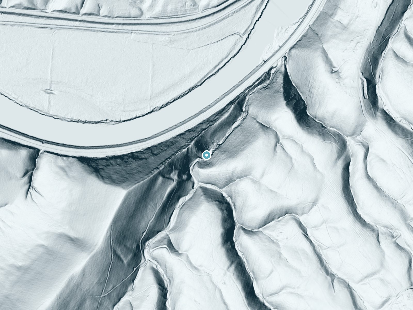 LiDAR bare-earth terrain around Niagara Falls near Paw Paw, West Virginia, showing about 185 feet of drop, a steep tiered drop, facing north