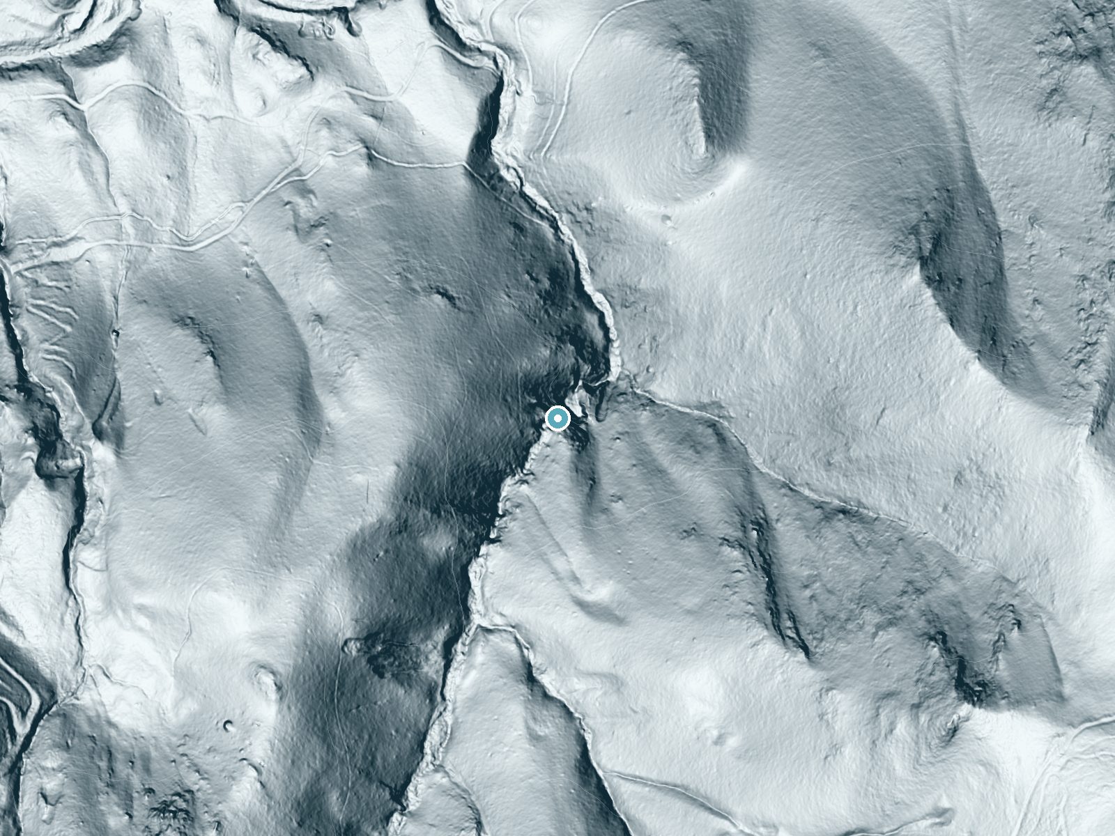 LiDAR bare-earth terrain around Hackmans Falls near Sierra City, California, showing about 298 feet of drop, a steep tiered drop, facing northeast