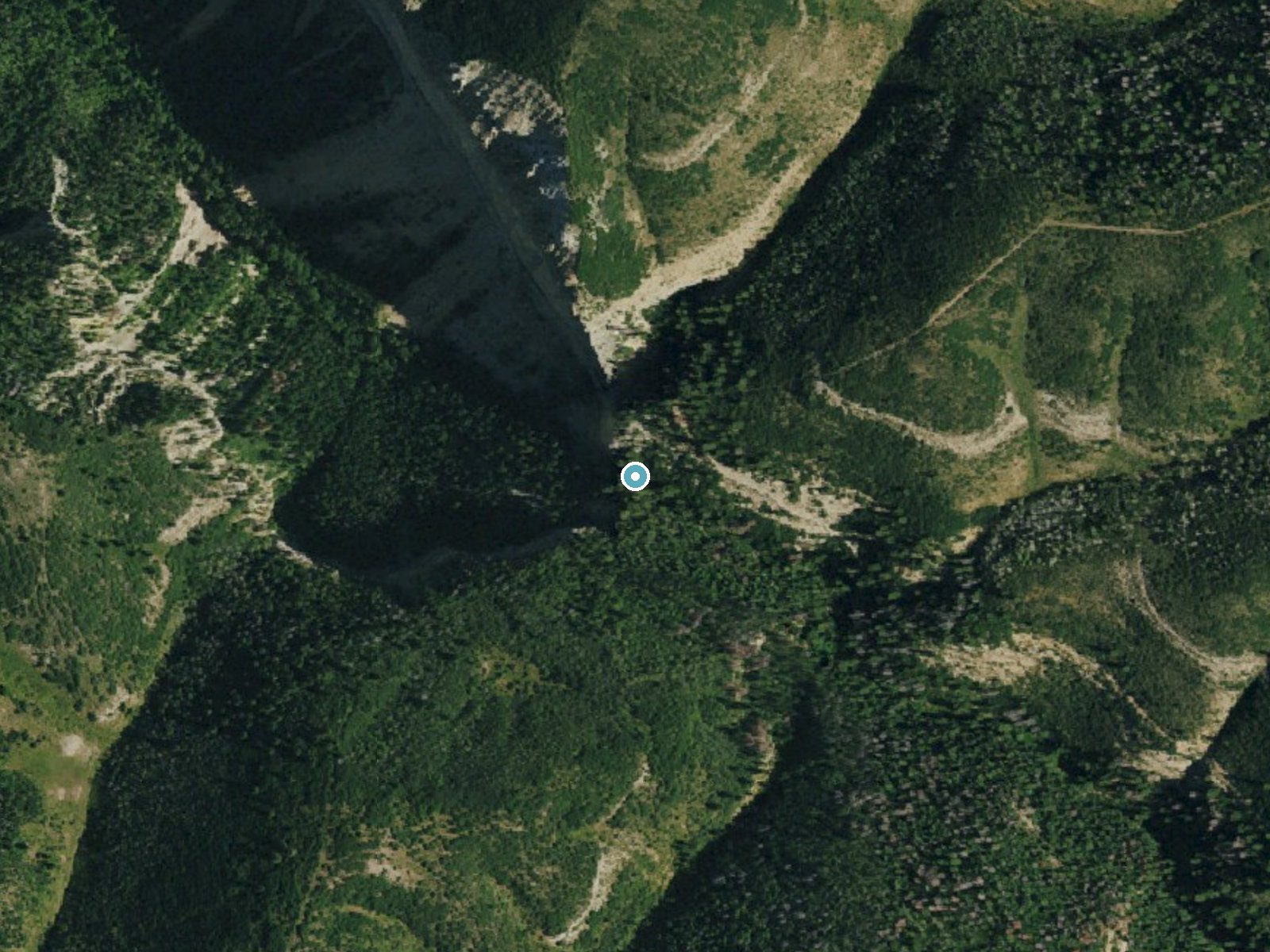 Aerial photo of the same ground around East Fork Falls near Battlement Mesa, Colorado, for comparison with the lidar view