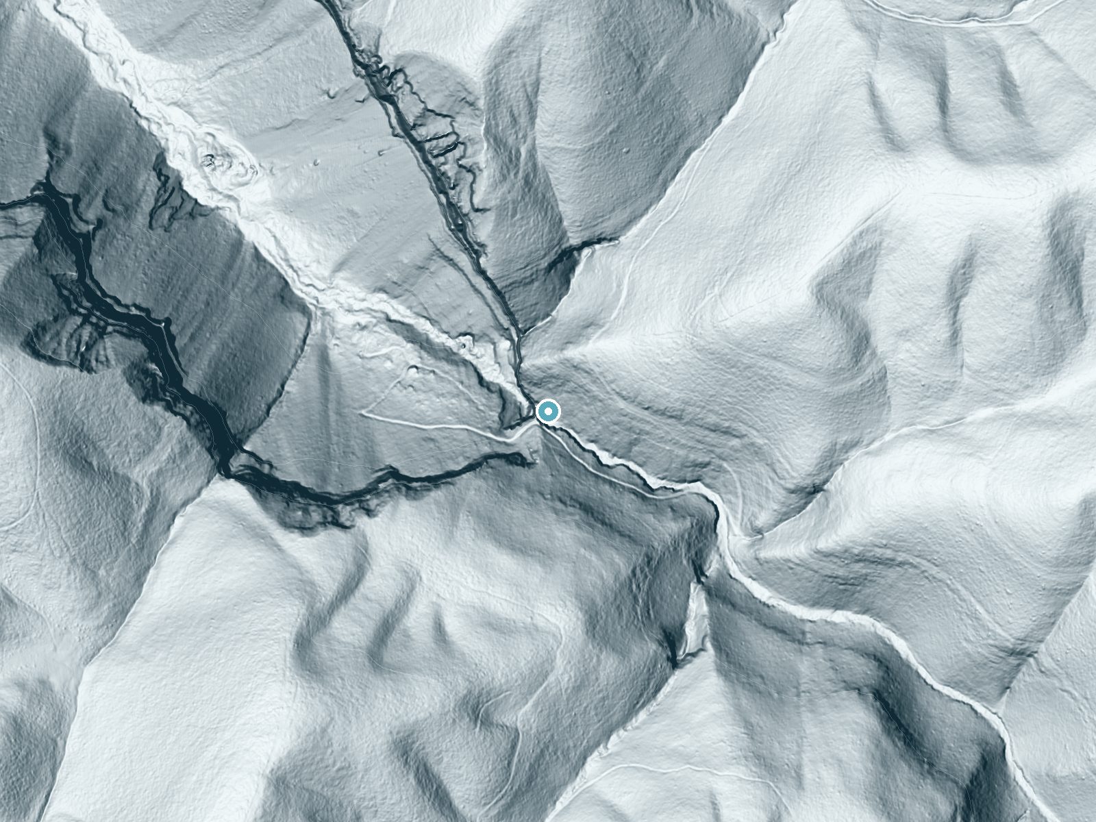 LiDAR bare-earth terrain around East Fork Falls near Battlement Mesa, Colorado, showing about 443 feet of drop, a single sheer drop, facing west