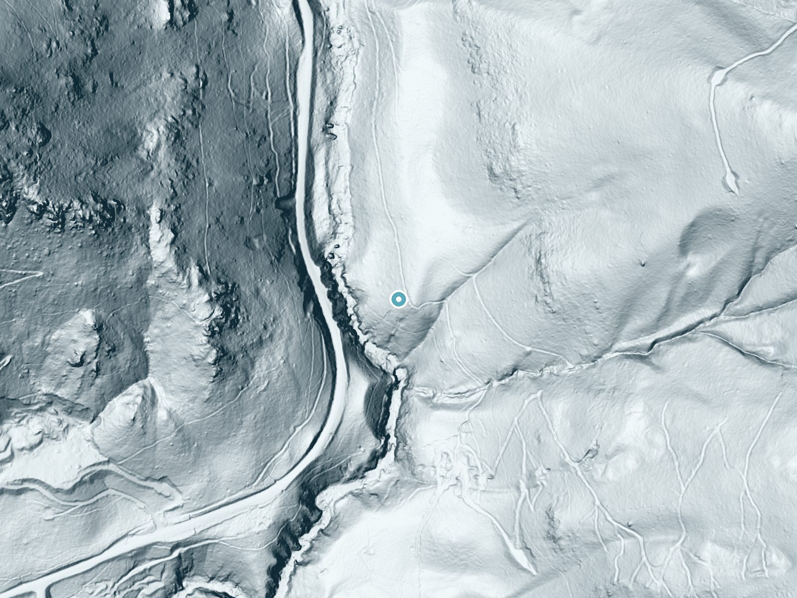 LiDAR bare-earth terrain around Loves Falls near Sierra City, California, showing about 217 feet of drop, a steep tiered drop, facing southwest