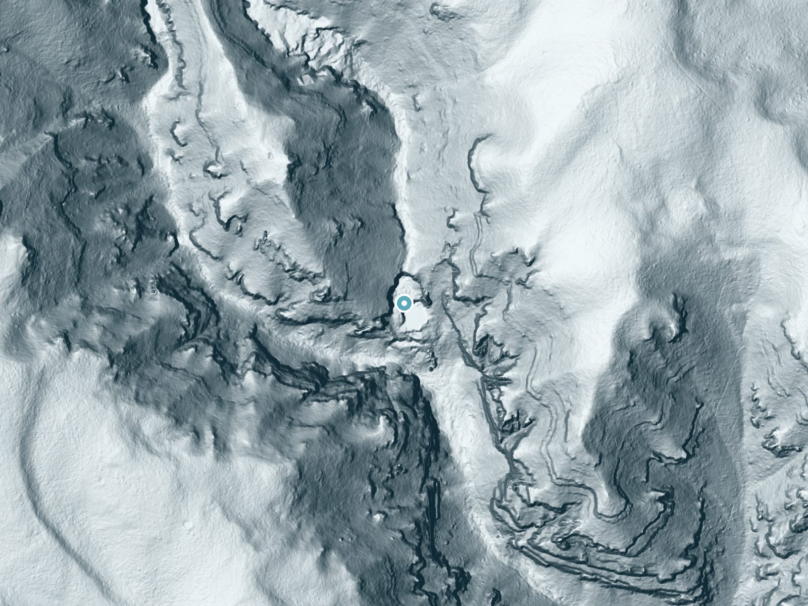 LiDAR bare-earth terrain around Spouting Rock near No Name, Colorado, showing about 330 feet of drop, a single sheer drop, facing southeast