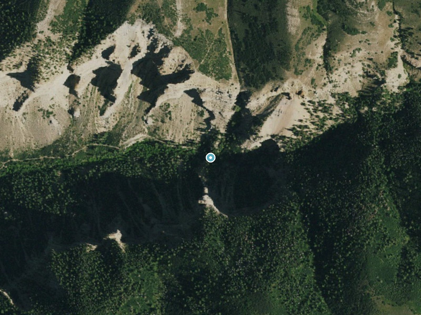 Aerial photo of the same ground around East Middle Fork Falls near Parachute, Colorado, for comparison with the lidar view
