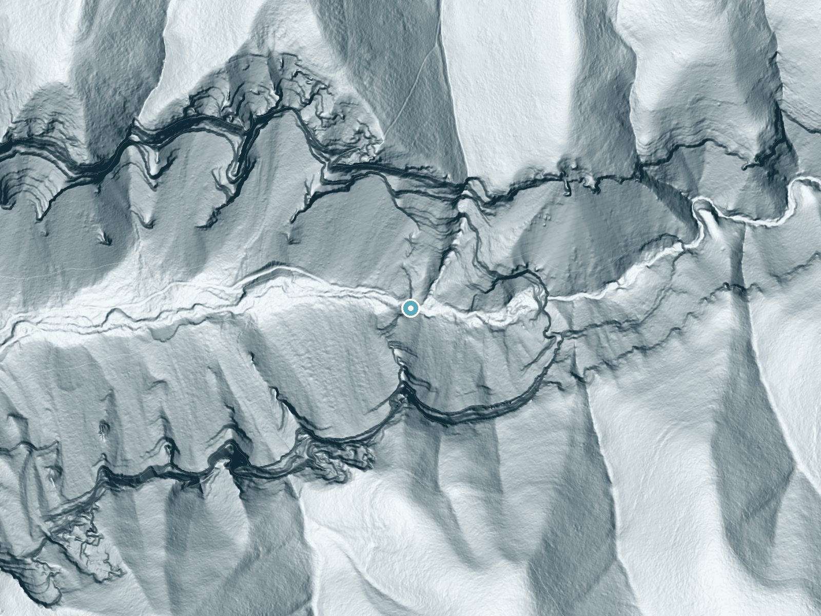 LiDAR bare-earth terrain around East Middle Fork Falls near Parachute, Colorado, showing about 299 feet of drop, a steep tiered drop, facing northwest