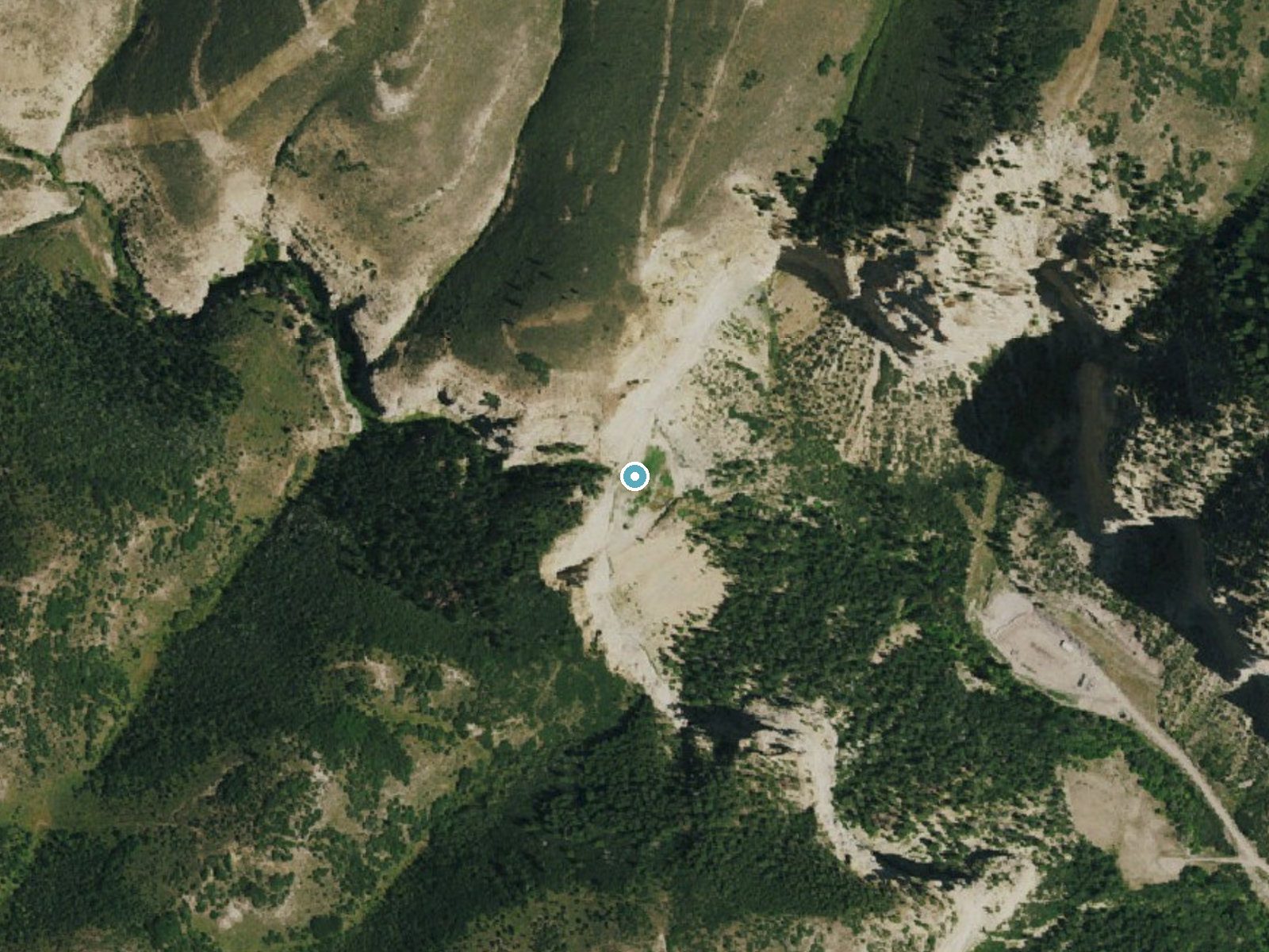 Aerial photo of the same ground around West Fork Falls near Parachute, Colorado, for comparison with the lidar view