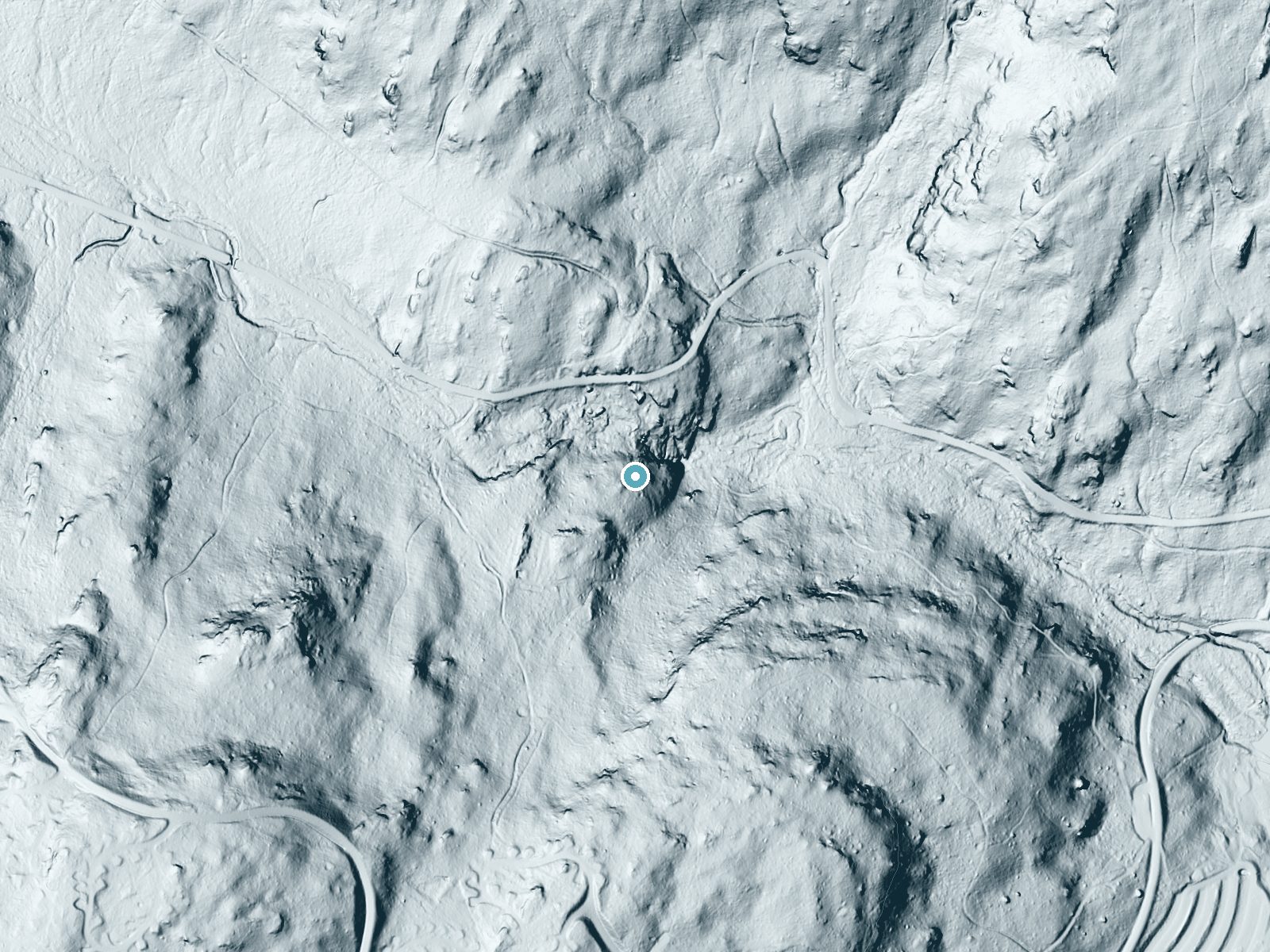 LiDAR bare-earth terrain around Cunningham Falls near Thurmont, Maryland, showing about 139 feet of drop, a steep tiered drop, facing east