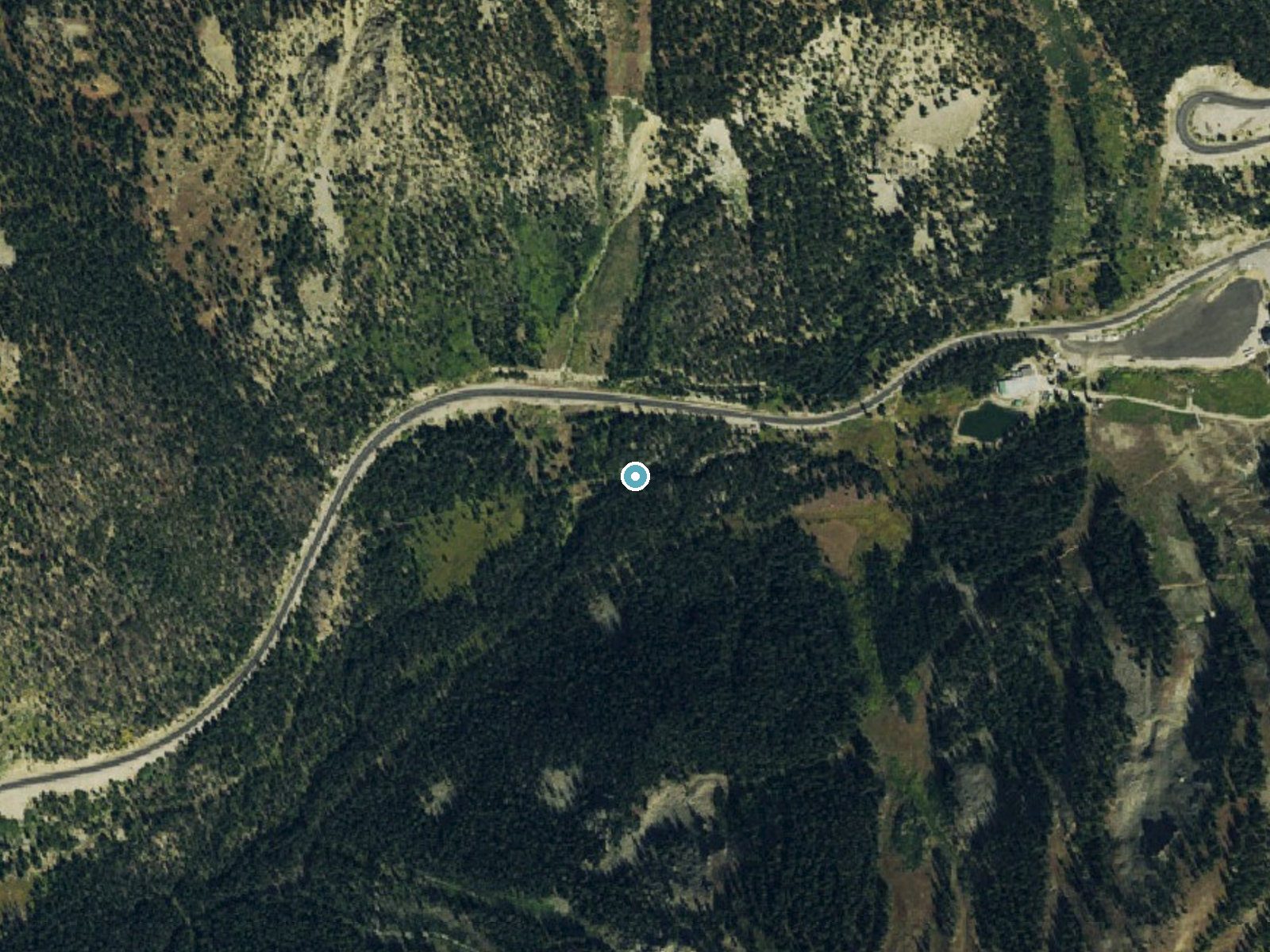 Aerial photo of the same ground around Snake River Falls near Montezuma, Colorado, for comparison with the lidar view