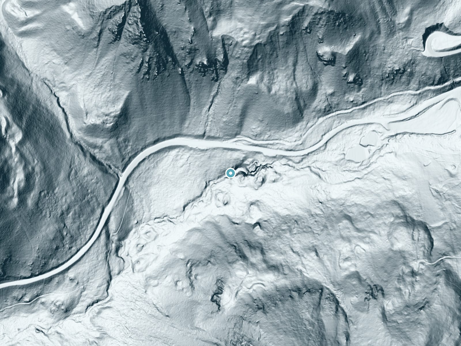 LiDAR bare-earth terrain around Snake River Falls near Montezuma, Colorado, showing about 129 feet of drop, a steep tiered drop, facing southwest