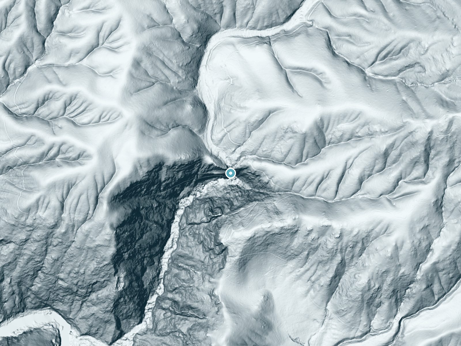 LiDAR bare-earth terrain around Feather Falls near Forbestown, California, showing about 536 feet of drop, a single sheer drop, facing south