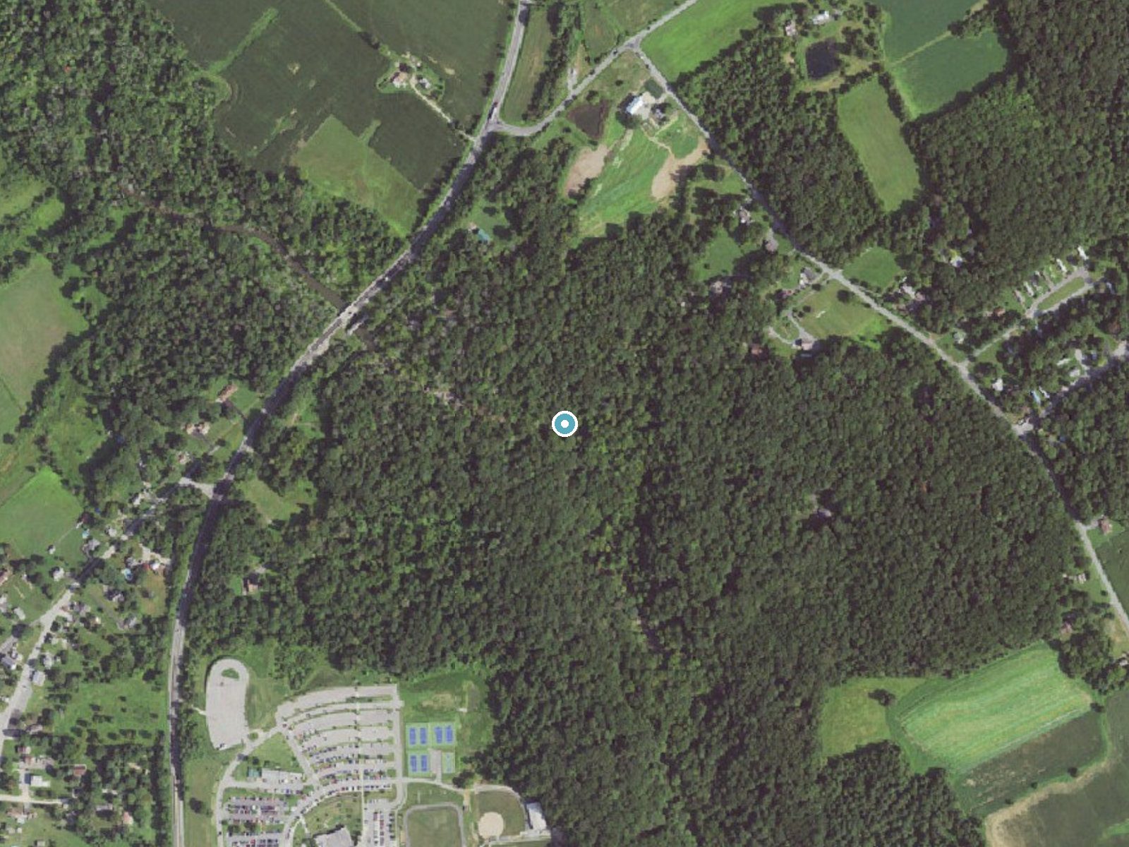 Aerial photo of the same ground around Gilpins Falls near North East, Maryland, for comparison with the lidar view