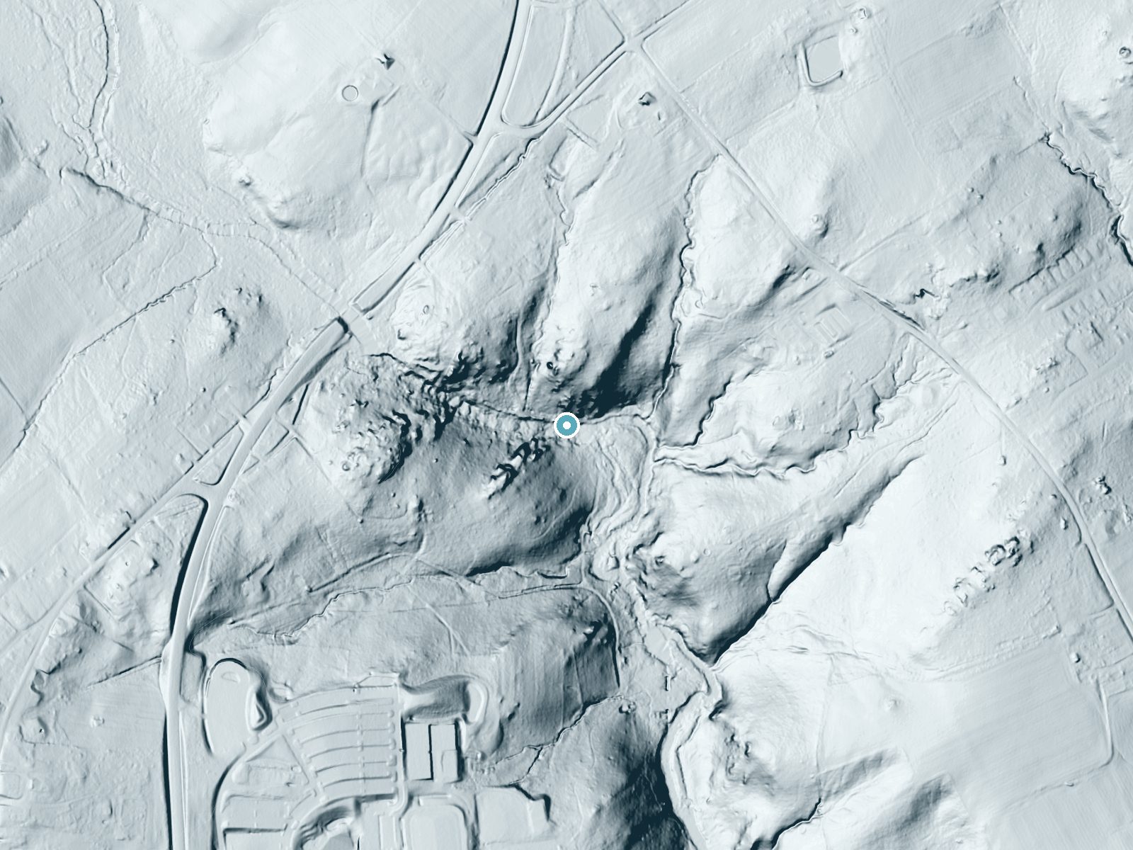 LiDAR bare-earth terrain around Gilpins Falls near North East, Maryland, showing about 108 feet of drop, a long cascade, facing south