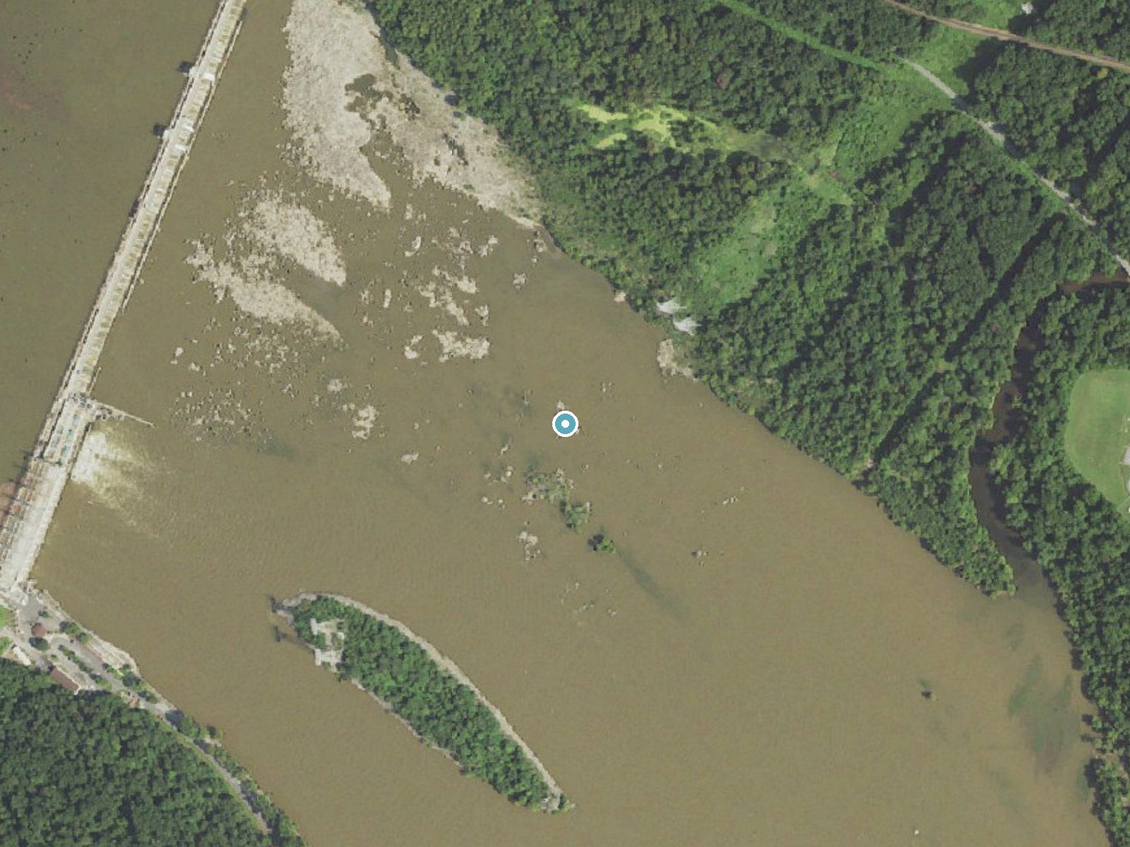 Aerial photo of the same ground around Amos Falls near Darlington, Maryland, for comparison with the lidar view