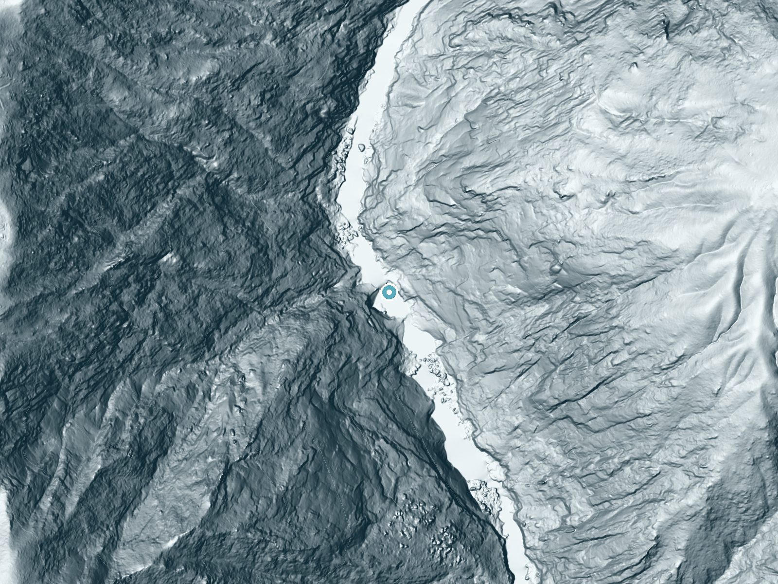 LiDAR bare-earth terrain around Curtain Falls near Berry Creek, California, showing about 164 feet of drop, a steep tiered drop, facing south