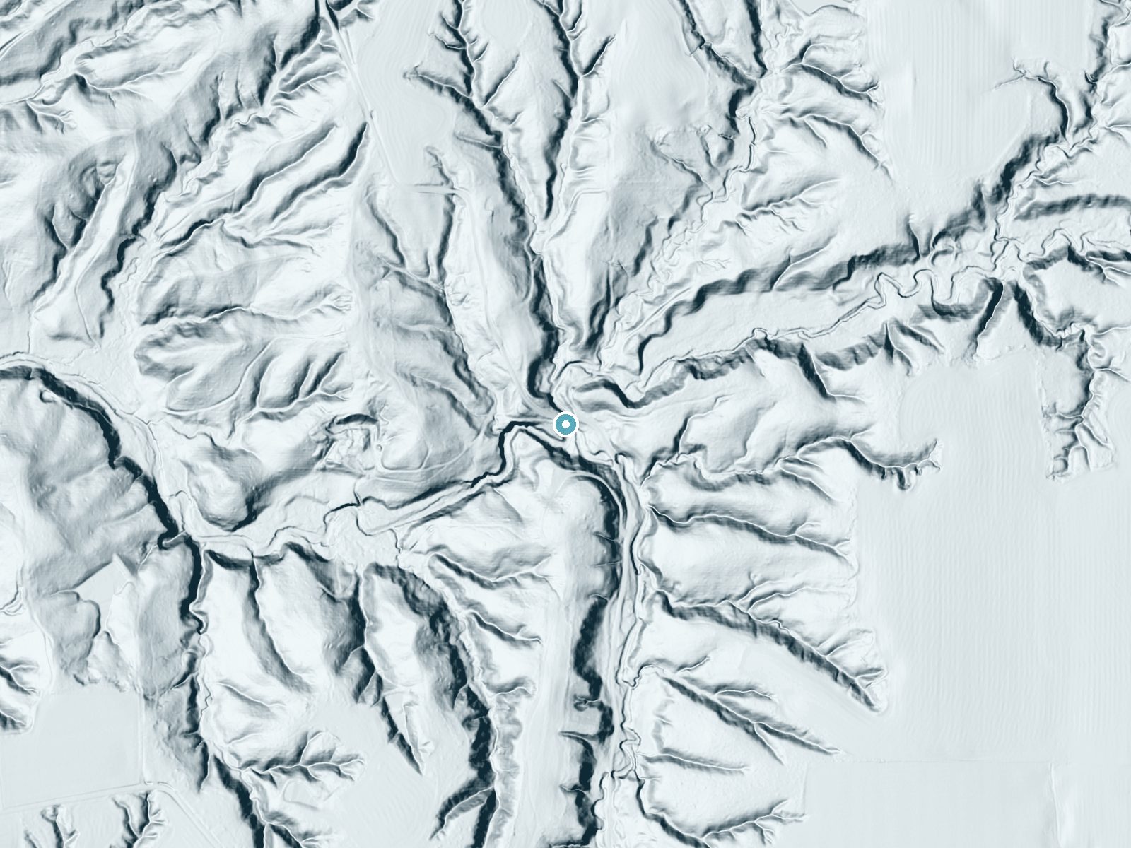 LiDAR bare-earth terrain around Groundhog Falls near Carbon, Indiana, showing about 60 feet of drop