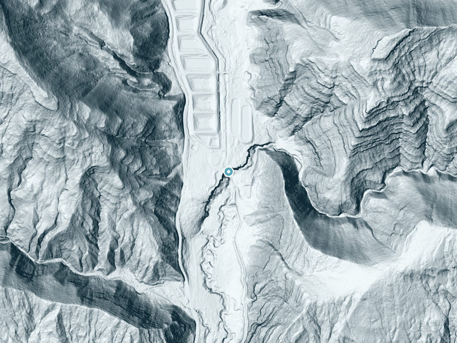 LiDAR bare-earth terrain around Rifle Falls near Silt, Colorado, showing about 80 feet of drop, a steep tiered drop, facing southeast
