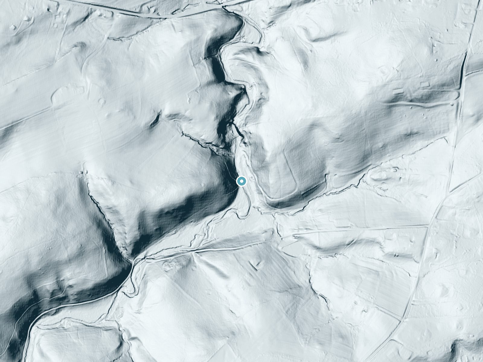 LiDAR bare-earth terrain around Kilgores Rocks near Pylesville, Maryland, showing about 109 feet of drop, a long cascade, facing east