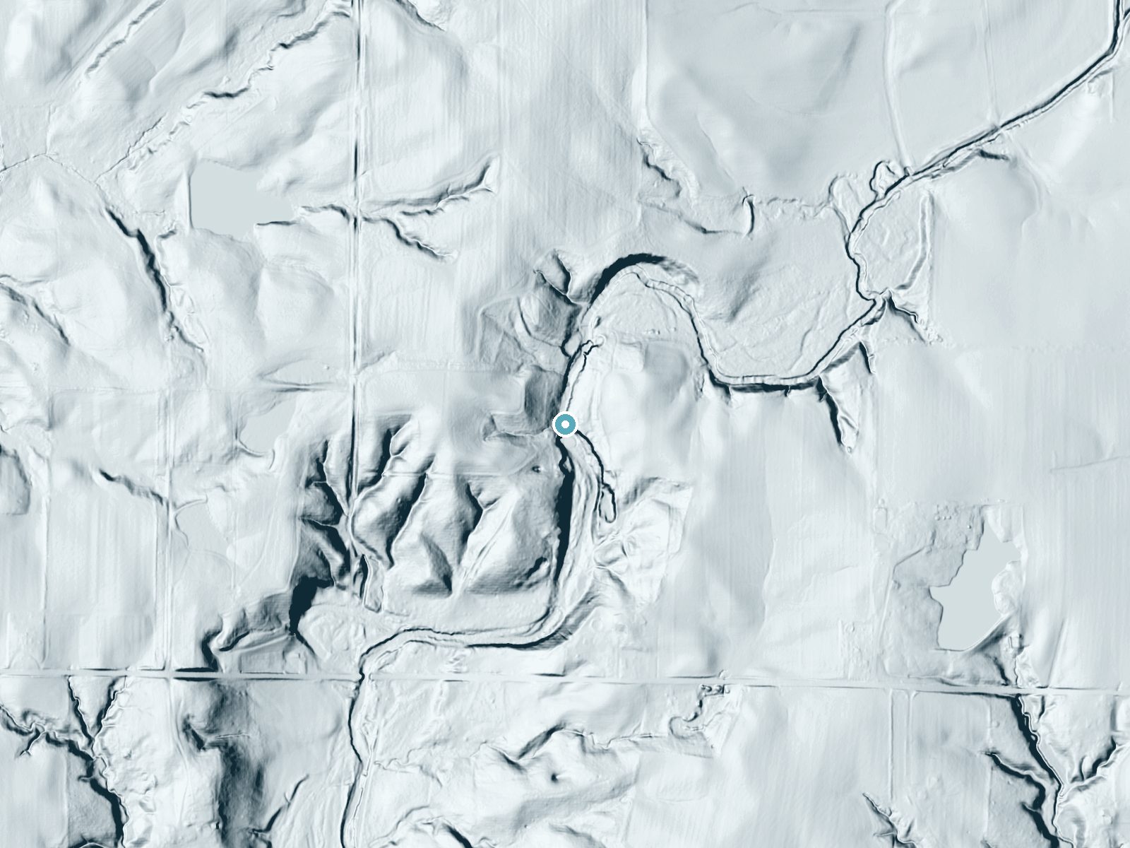 LiDAR bare-earth terrain around Vermillion Falls near Van Bibber Lake, Indiana, showing about 58 feet of drop, a long cascade, facing southeast
