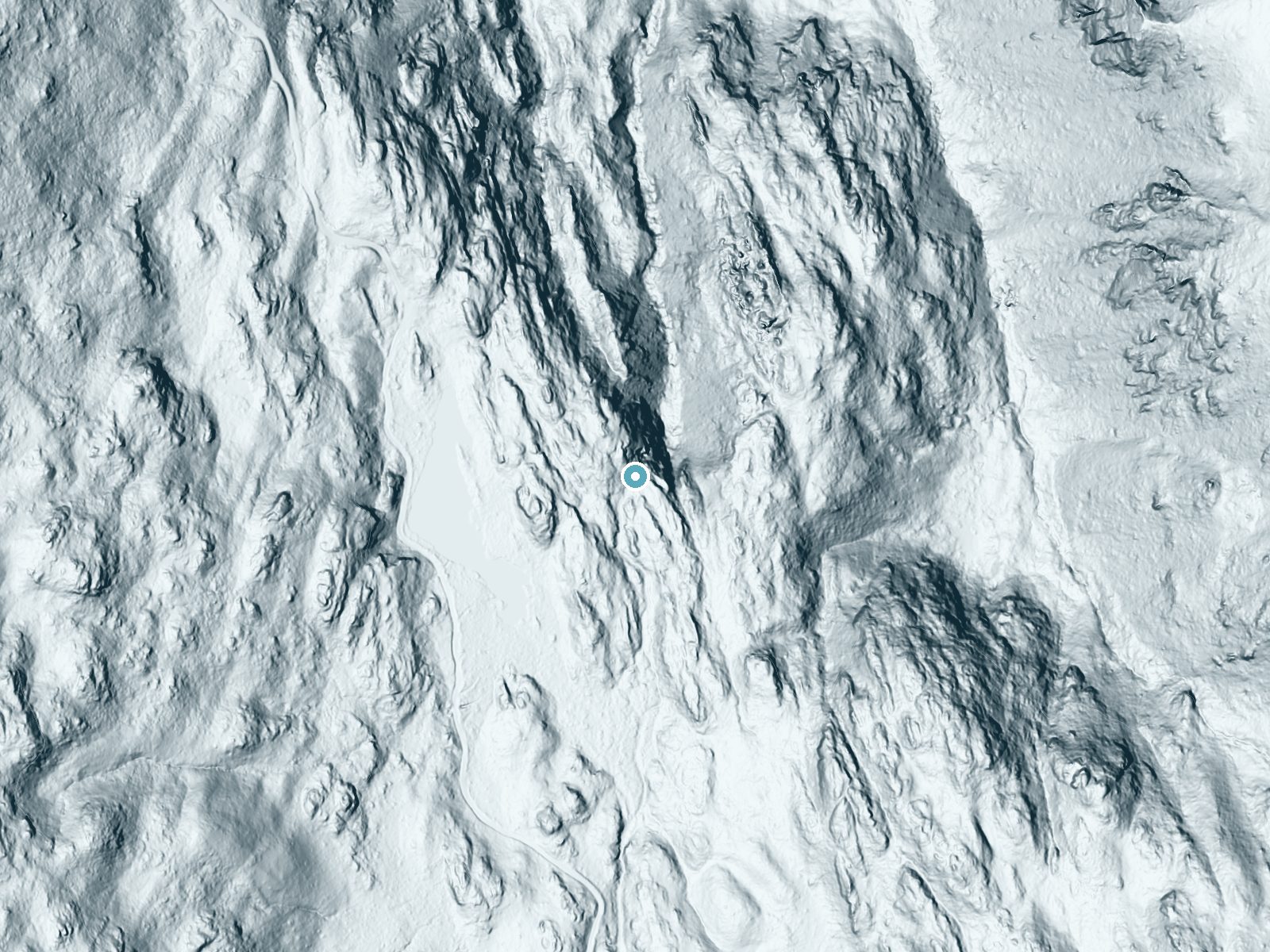 LiDAR bare-earth terrain around Frazier Falls near Graeagle, California, showing about 225 feet of drop, a single sheer drop, facing northeast