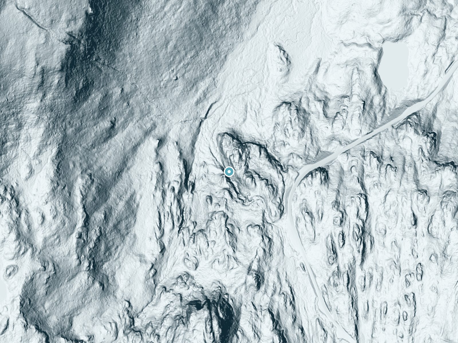 LiDAR bare-earth terrain around Fern Falls near Graeagle, California, showing about 213 feet of drop, a steep tiered drop, facing west