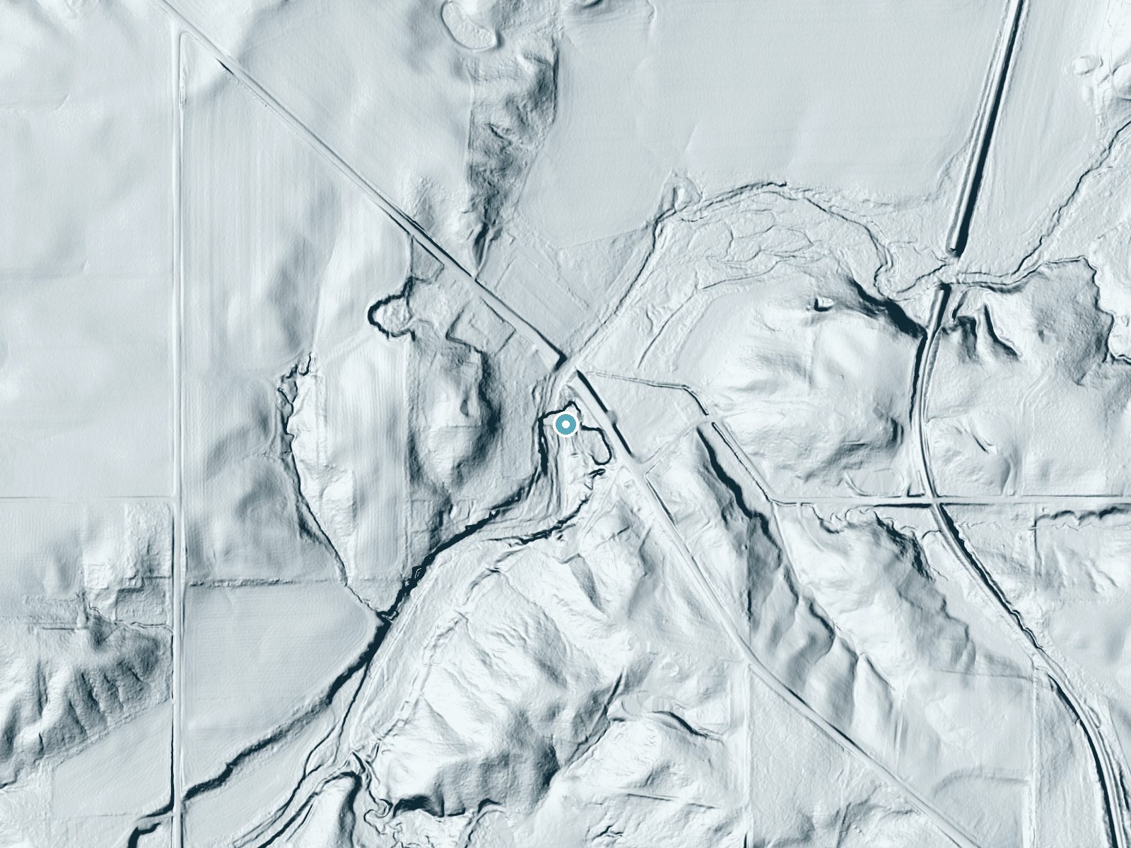 LiDAR bare-earth terrain around Elkhorn Falls near Boston, Indiana, showing about 36 feet of drop, a long cascade, facing south