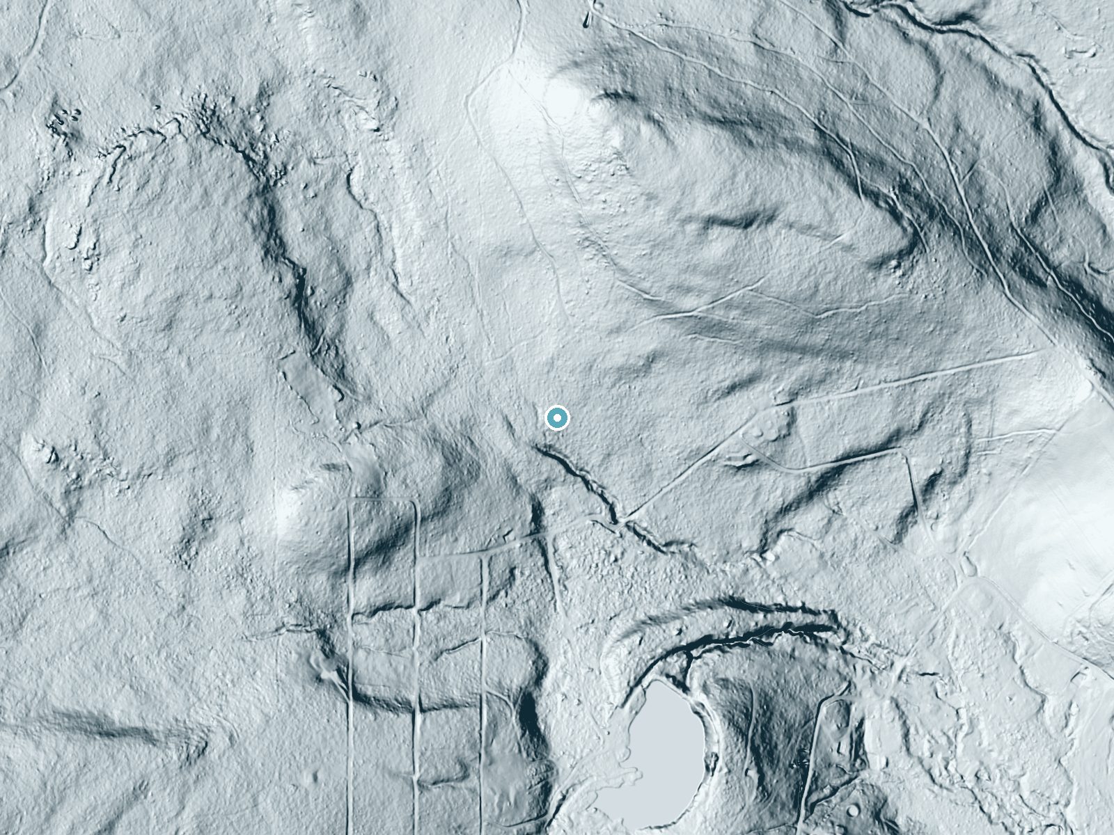 LiDAR bare-earth terrain around Laurel Falls near Meyersdale, Pennsylvania, showing about 60 feet of drop, a long cascade, facing southeast