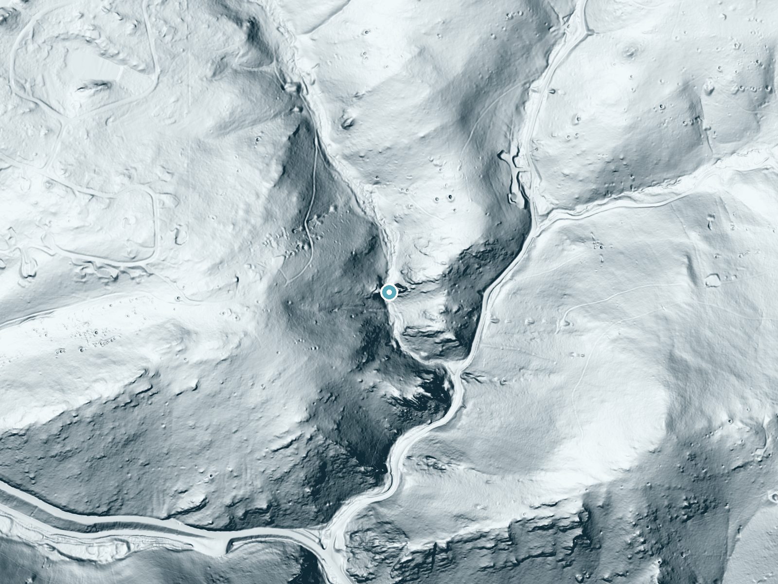 LiDAR bare-earth terrain around Missouri Falls near Central City, Colorado, showing about 154 feet of drop, a long cascade, facing south