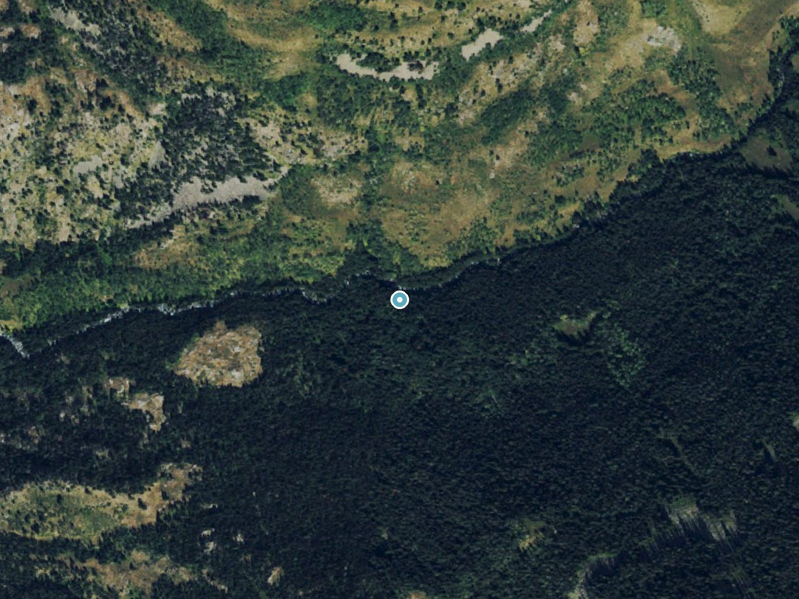Aerial photo of the same ground around South Fork Falls near Chacra, Colorado, for comparison with the lidar view