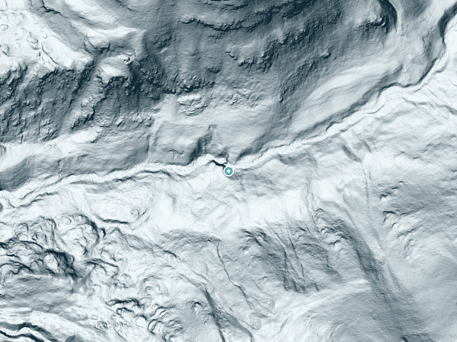 LiDAR bare-earth terrain around South Fork Falls near Chacra, Colorado, showing about 159 feet of drop, a steep tiered drop, facing northwest