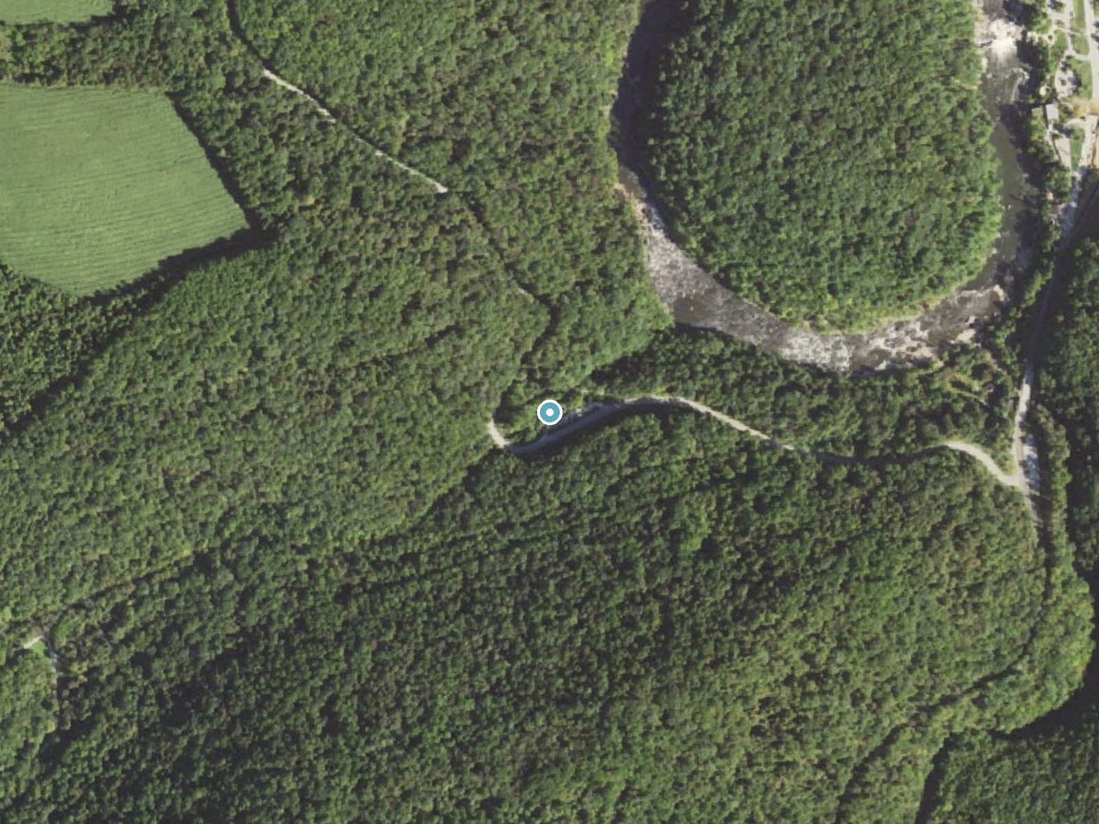 Aerial photo of the same ground around Cucumber Falls near Ohiopyle, Pennsylvania, for comparison with the lidar view